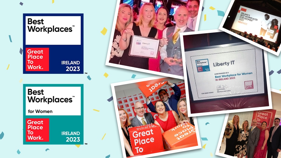 Best Workplaces logos and photos of employees at awards event 