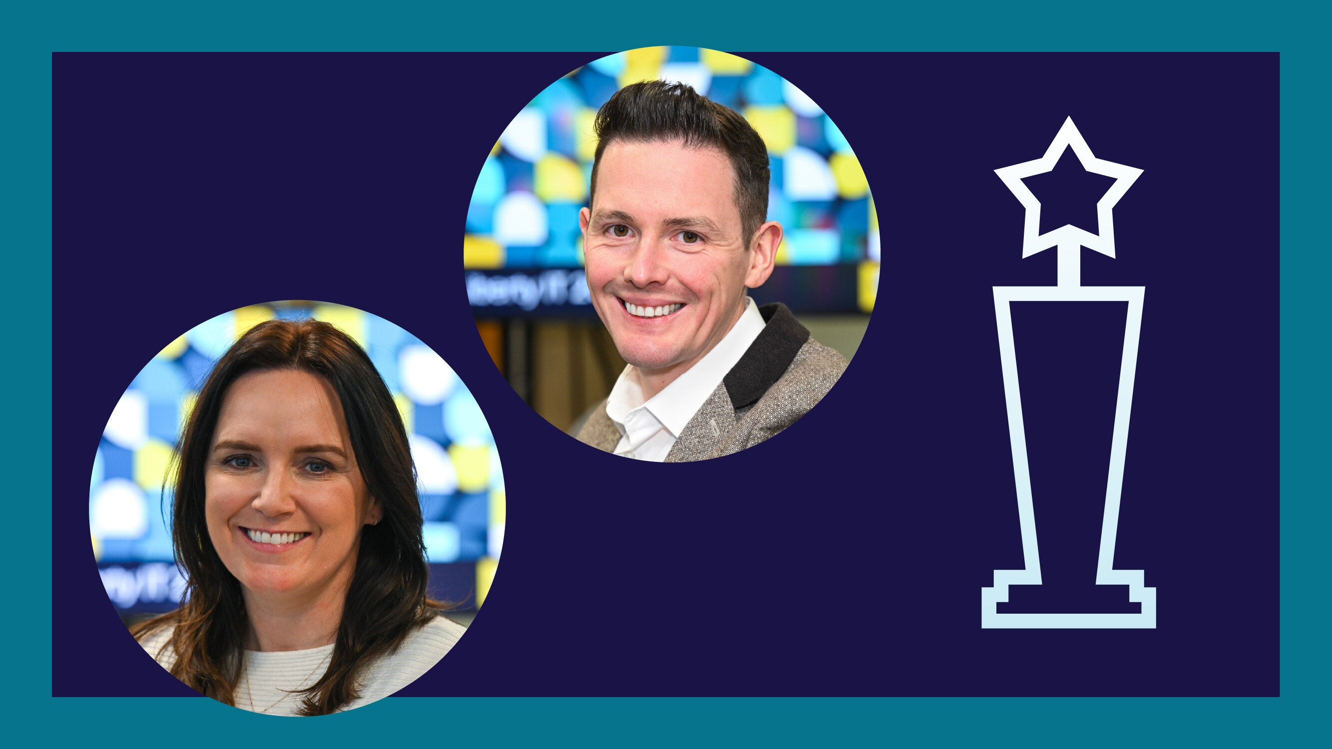 Picture of Clare and Darren and an award icon