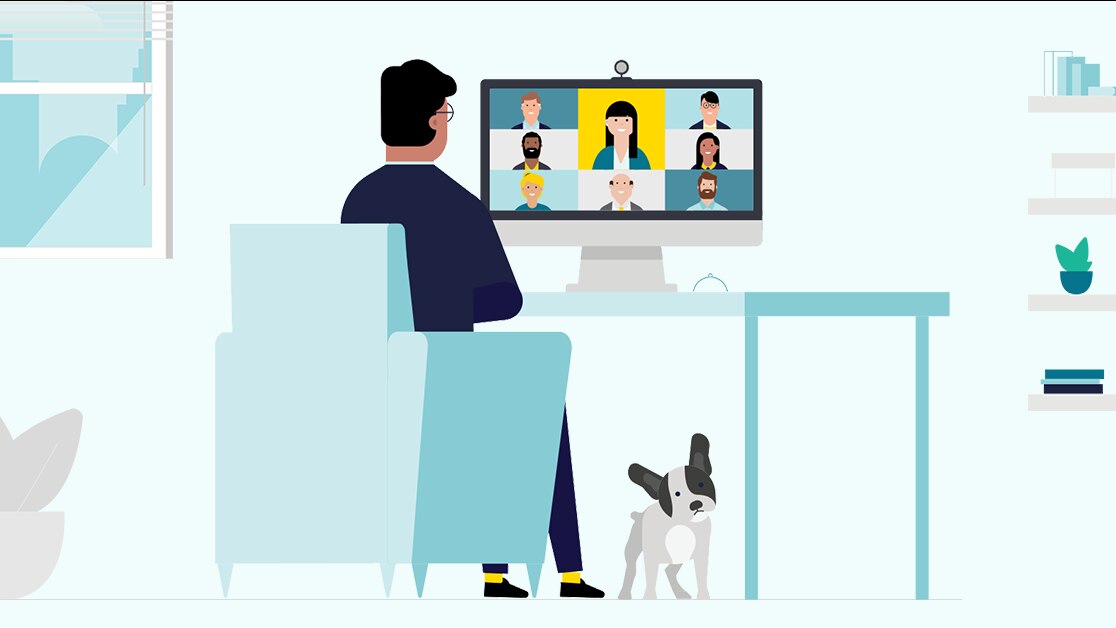 Illustration of a person at home participating in a virtual meeting