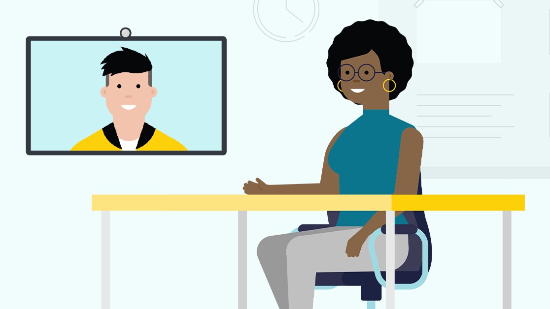Illustration of a person in a meeting room interviewing a person on a tv screen