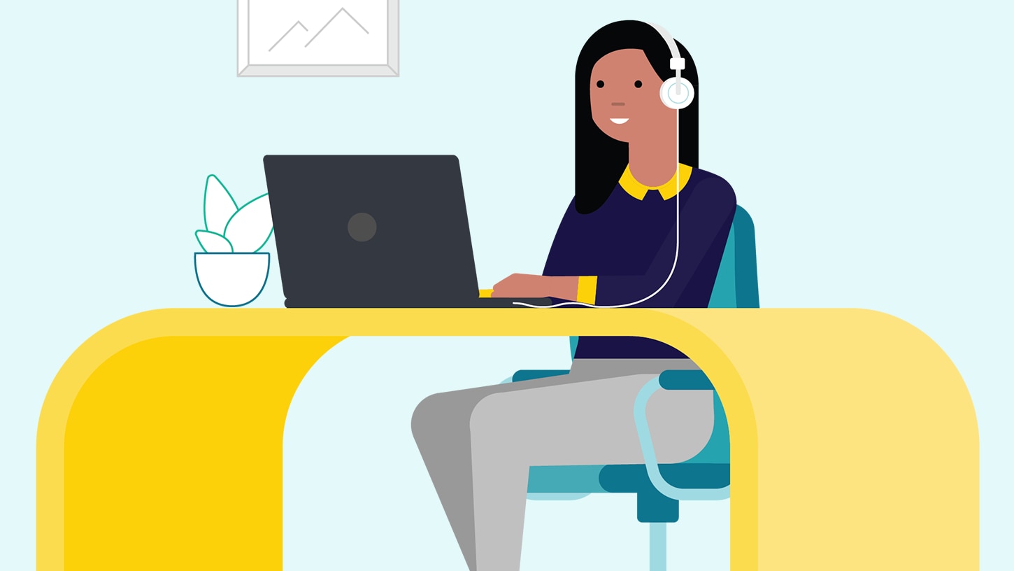 Illustration of a person sitting at a yellow desk with headphone on at their laptop