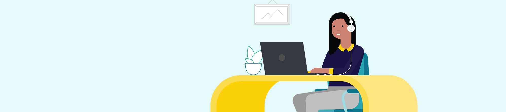 Illustration of a person sitting at a yellow desk with headphone on at their laptop